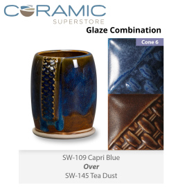 Capri Blue SW109 over Tea Dust SW145 Stoneware Glaze Combination Capri Blue SW109 over Tea Dust SW145 Stoneware Glaze Combination